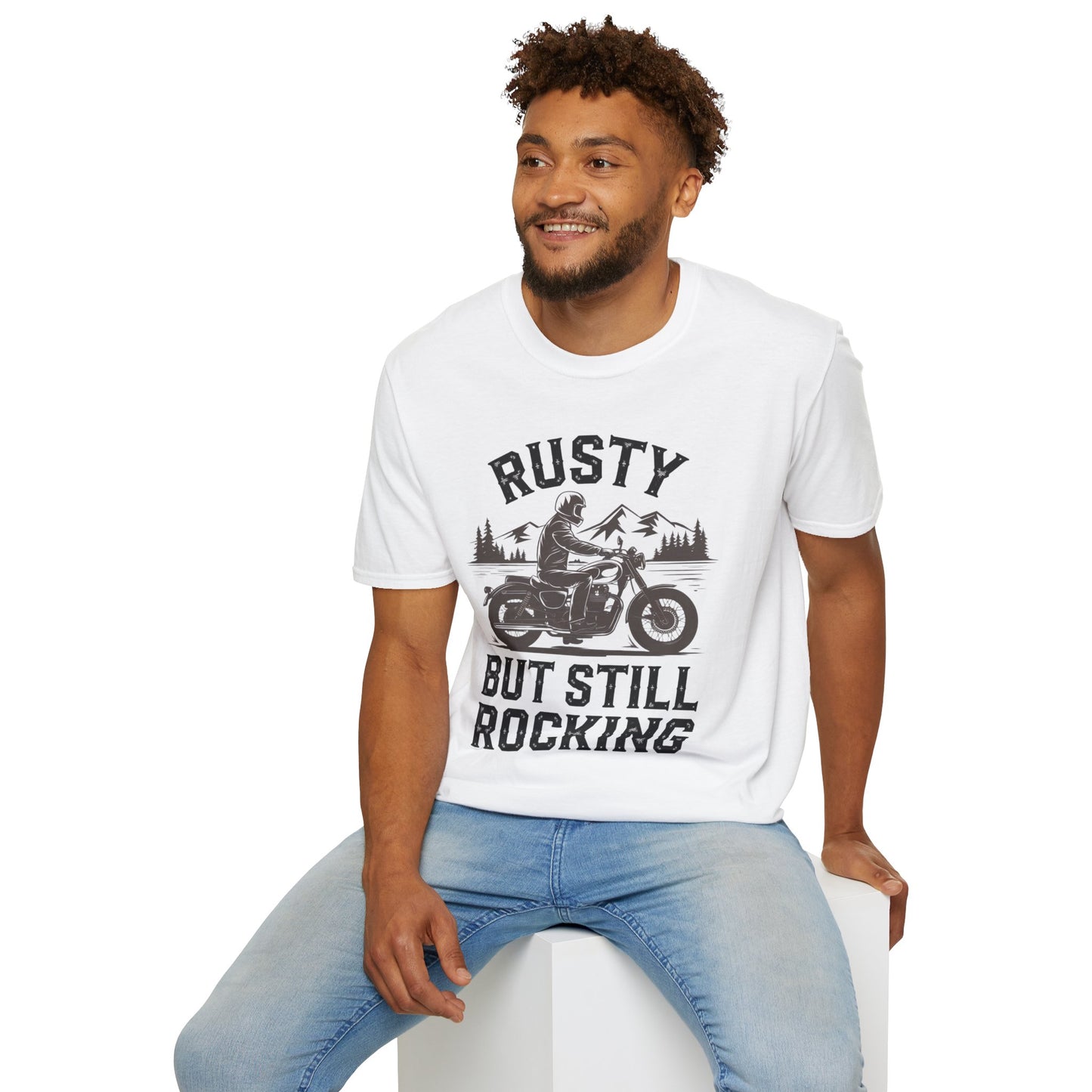 Rusty But Still Rocking Unisex Softstyle T-Shirt - Perfect for Motorcycle Lovers!