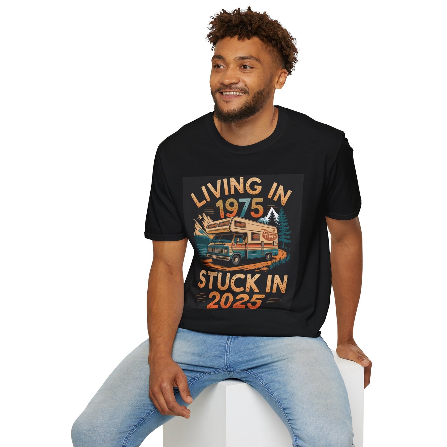 Living in 1975 Stuck in 2025 Unisex Softstyle T-Shirt - Vintage Camper Design